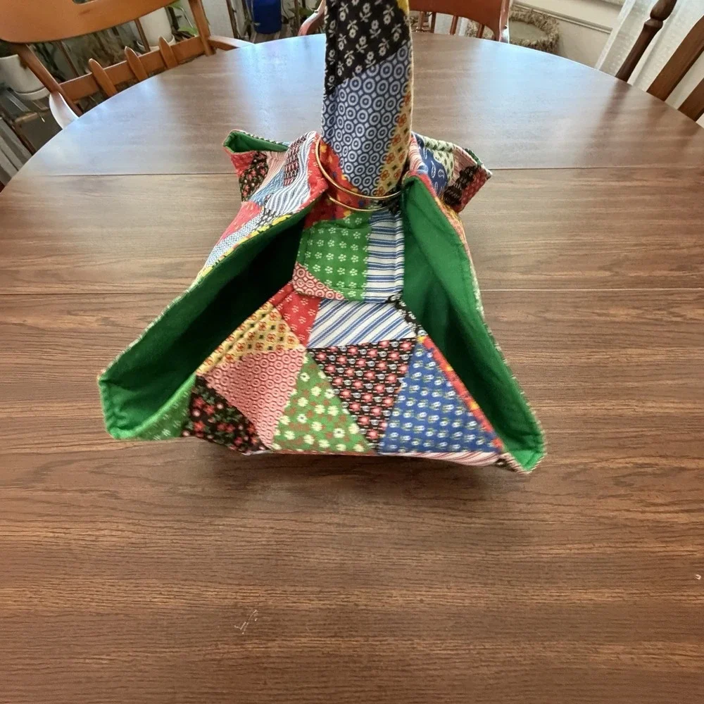 Vintage Reversible Casserole Carrier Patchwork Kelly Green Hot Dish Tote Farm